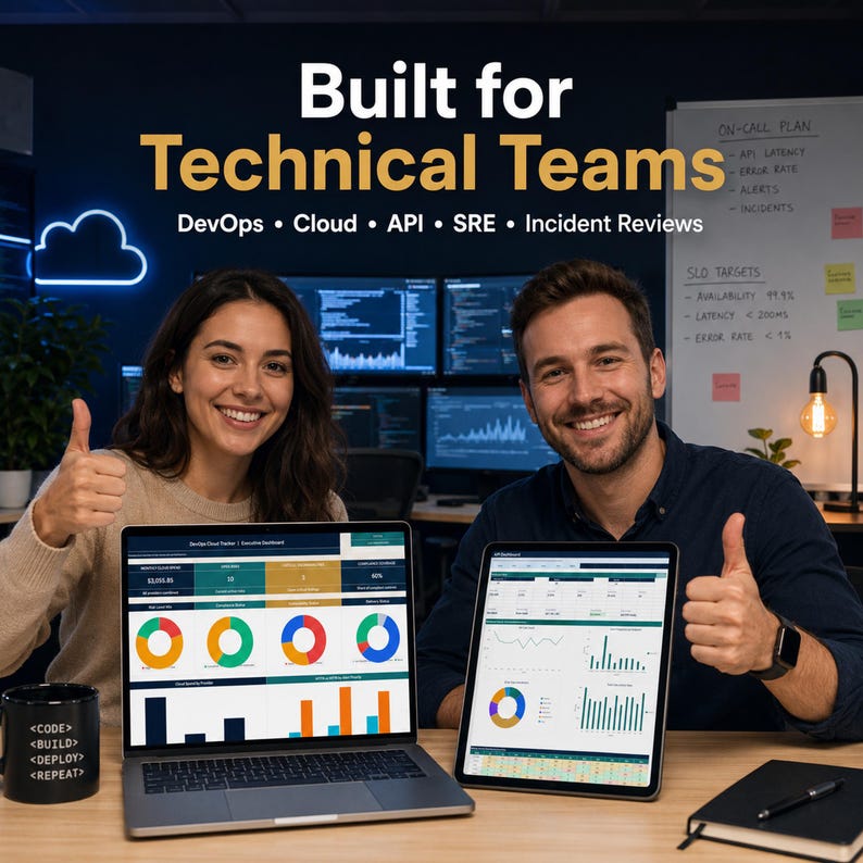 Pode incluir: Um port&aacute;til e um tablet exibem pain&eacute;is de dados com gr&aacute;ficos. O texto diz: Built for Technical Teams, DevOps, Cloud, API, SRE, Incident Reviews. Uma caneca preta com o texto CODE, BUILD, DEPLOY, REPEAT sobre uma mesa de madeira.