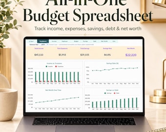 Budget Spreadsheet Excel | All-in-One Personal Finance Tracker, Expense Planner, Savings, Debt & Net Worth Template
