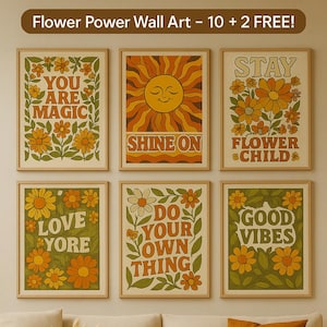 Conjunto de pósteres de flores retro bohemias: 12 impresiones (10 + 2 GRATIS) | Decoración de pared hippie de los años 70 | Arte floral vintage | 18x24 pulgadas | Impresión digital