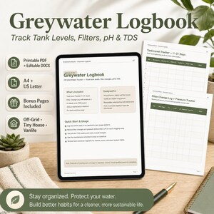 Könnte beinhalten: Ein digitales Tablet zeigt ein Grauwasser-Logbuch mit Abschnitten für Tankfüllstände, Filter, pH-Wert und TDS. Daneben liegen ausgedruckte Seiten mit einem Tankfüllstand-Tracker und einem Protokoll für Filterwechsel.