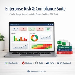Könnte beinhalten: Ein Laptop mit Datenvisualisierungen für das Risikomanagement und dem Text "Enterprise Risk & Compliance Suite". Daneben gestapelte Anleitungen und Excel-Dateien. Der Bildschirm zeigt Diagramme.