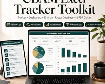 May include: A laptop and tablet display the "CBAM Excel Tracker Toolkit." The screen shows data visualizations, including charts and graphs. The toolkit includes a dashboard, emission factor database, and PDF guides. The image also shows icons for quarterly logs and CO2 calculations.