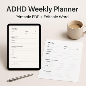 ADHD Weekly Planner | Focus Tracker, Dopamine Log & Self Care Journal | Printable PDF + Editable Word
