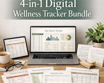 4-in-1 Digital Wellness Tracker Bundle | Eye Strain, Migraine, Blood Pressure, Supplement Planner | Excel & Printable Health Set