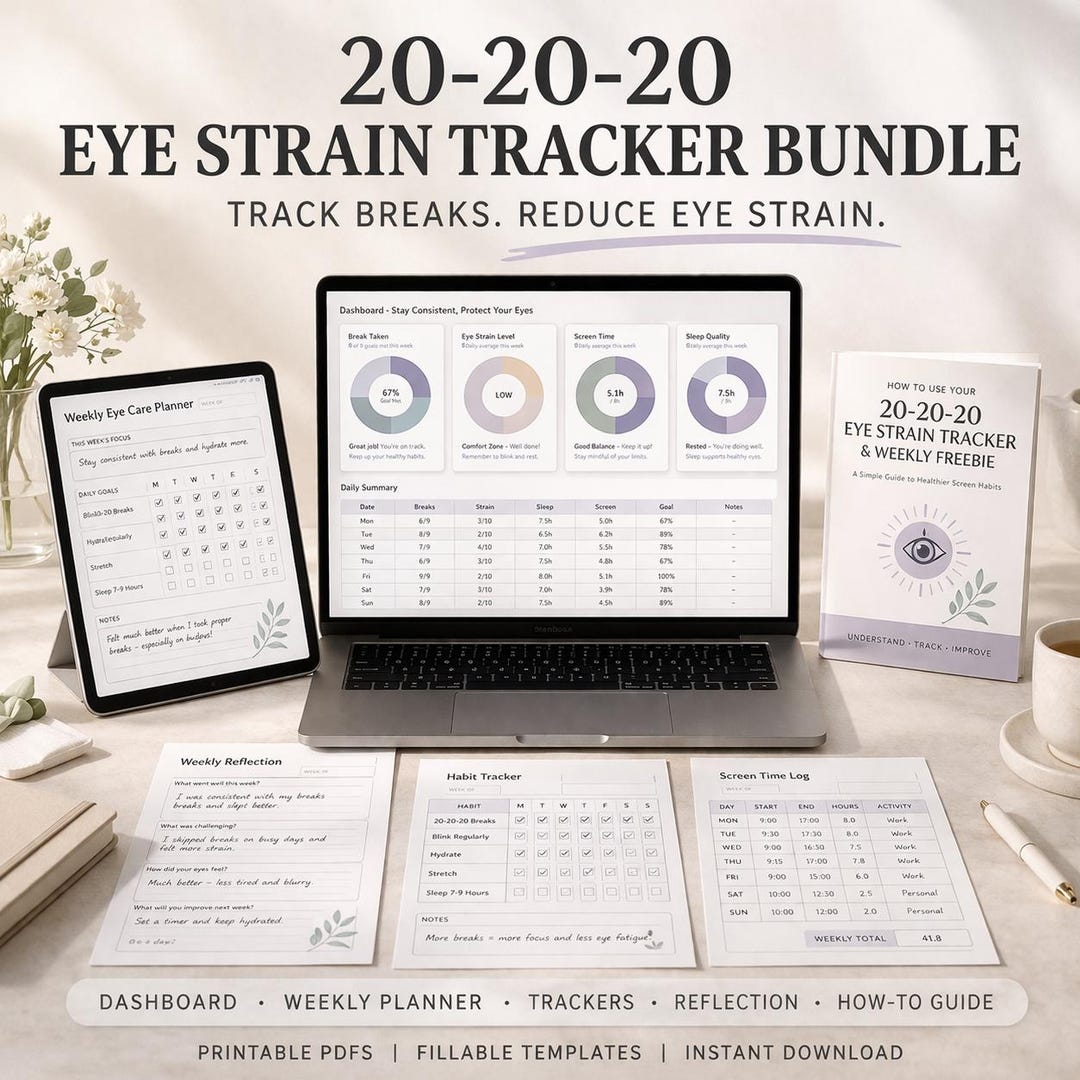 Eye Tracking Printable Pdf Buy 20-20-20 Eye Strain Tracker Bundle Excel Screen Break Log With ...
