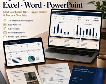 Agency Business Bundle Excel Word PowerPoint | CRM Dashboard, UX/UI Project Tracker, Proposal Pitch Deck Templates