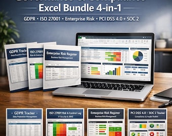 Excel GRC Bundle 4in1 | Gdpr Tracker, Iso 27001 Risk & Control Log, Enterprise Risk Register, PCI Dss 4.0 + SOC 2 | Dashboard