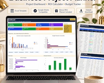 Vorlage für die Geschäftsplanung | ROI-Dashboard, Budget-Tracker & Projektplaner | Kompatibel mit Google Sheets | Organizer für Freiberufler