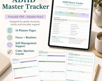 Agenda et suivi TDAH (allemand) | Journal de concentration, routines, habitudes et bien-être | PDF imprimable + document Word modifiable