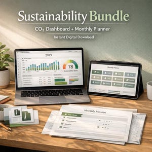 Sustainability Bundle | CO2 Dashboard Excel + Eco Habit Planner PDF Word | Carbon Footprint Tracker, Climate Journal, Digital Download