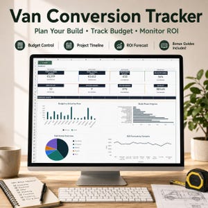 May include: A computer monitor displaying a "Van Conversion Tracker" dashboard with charts and data. The screen shows budget, timeline, and ROI information. A notebook, keyboard, and measuring tape are on the desk.