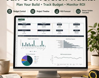 May include: A computer monitor displaying a "Van Conversion Tracker" dashboard with charts and data. The screen shows budget, timeline, and ROI information. A notebook, keyboard, and measuring tape are on the desk.