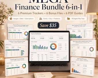 6-in-1 Finance MEGA-Bundle Excel Template | Budget Planner, Debt, Subscriptions, Etsy & Freelancer Trackers