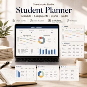 May include: A laptop displaying a student planner dashboard with charts and graphs. The screen shows schedules, assignments, exams, and grades. The text "Student Planner" is at the top, with icons for editable files, instant download, and Google Sheets compatibility.