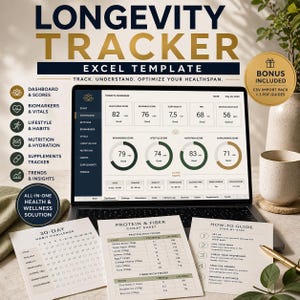 May include: A laptop displays a health and wellness Excel template with the title "Longevity Tracker." The screen shows health scores, a 30-day habit challenge, and a protein & fiber cheat sheet. The image includes a bonus CSV import pack and 3 PDF guides.