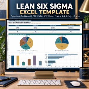 May include: A computer monitor displaying a Lean Six Sigma Excel template titled Executive Operations Dashboard. The screen shows data visualizations including pie charts, bar graphs, and performance metrics for OEE, FMEA, SOP, and project tracking.