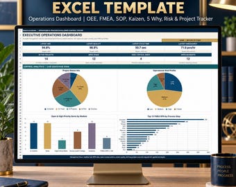 May include: A computer monitor displaying a Lean Six Sigma Excel template titled Executive Operations Dashboard. The screen shows data visualisations including pie charts, bar graphs, and performance metrics for OEE, FMEA, SOP, and project tracking.