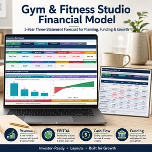Könnte beinhalten: Ein Laptop und ein Tablet zeigen ein Finanzmodell für ein Fitnessstudio mit einem Executive Dashboard, Finanzprognosen und einer 5-Jahres-Vorschau. Die Bildschirme enthalten Datentabellen, Balkendiagramme und Flächengrafiken zu Umsatz und Gewinn.