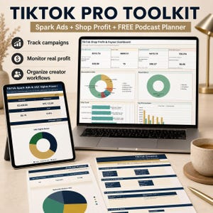 Könnte beinhalten: Ein digitales Toolkit mit dem Titel TIKTOK PRO TOOLKIT, bestehend aus einem Laptop und einem Tablet, die Finanz-Dashboards, Diagramme und Datentabellen anzeigen. Zwei gedruckte Dokumente namens Podcast Planner und TikTok Creative liegen daneben.
