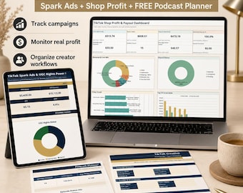 May include: A digital toolkit titled TIKTOK PRO TOOLKIT featuring a laptop and tablet displaying financial dashboards, charts, and data tables. Two printed documents labeled Podcast Planner and TikTok Creative are visible alongside a coffee mug.