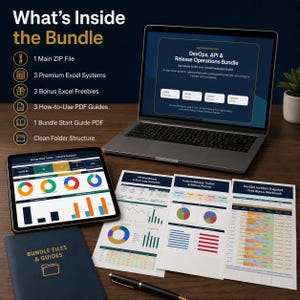 May include: A laptop displaying a DevOps, API & Release Operations Bundle, a tablet showing a cloud tracker dashboard, three printed data reports, and a dark blue folder labeled BUNDLE FILES & GUIDES, with a list of included digital assets.