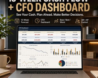 13-Week Cash Flow Forecast & CFO Dashboard Excel | Cash Flow Planner, AR/AP, Scenario Planning and Management Report