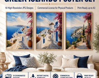 Greek Islands Poster Set with Commercial License | 10 High-Resolution JPGs up to A3 | Santorini, Mykonos, Paros & Aegean Art