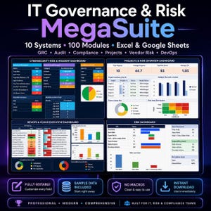 以下が含まれることがあります： 「IT Governance & Risk MegaSuite」とデータダッシュボードのデジタルグラフィック。ダッシュボードは、サイバーセキュリティのリスク、プロジェクトの概要、DevOps、およびERMデータを表示します。グラフィックには、「完全に編集可能」、「サンプルデータが含まれています」、および「即時ダウンロード」というフレーズが含まれています。