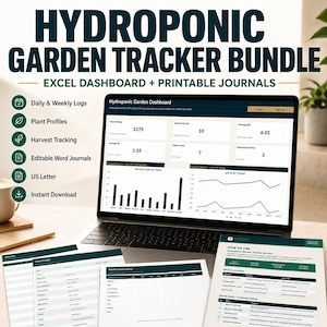 May include: A laptop displaying a hydroponic garden dashboard with charts and data, alongside printable journals. The image includes text that reads "Hydroponic Garden Tracker Bundle" and lists features like daily logs and plant profiles. The color scheme is primarily white and green.