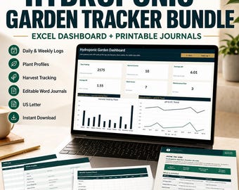 May include: A laptop displaying a hydroponic garden dashboard with charts and data, alongside printable journals. The image includes text that reads "Hydroponic Garden Tracker Bundle" and lists features like daily logs and plant profiles. The color scheme is primarily white and green.