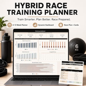May include: A laptop displays a "Hybrid Race Training Planner" with data visualizations and the text "Train Smarter. Plan Better. Race Prepared." A black water bottle, a 6 KG medicine ball, and a race card are also visible.