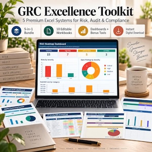 May include: A GRC Excellence Toolkit digital product display featuring a laptop screen showing a Risk Heatmap Dashboard with bar and pie charts. Surrounding items include printed dashboard reports, a notebook with text, and a mug with text.