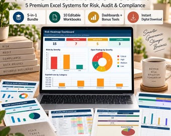 Könnte beinhalten: Eine digitale Produktanzeige für das GRC Excellence Toolkit mit einem Laptop-Bildschirm, der ein Risikokarten-Dashboard mit Balken- und Kreisdiagrammen zeigt. Dazu gehören gedruckte Berichte, ein Notizbuch mit Text und eine Tasse mit Text.