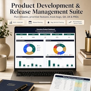 Product Management Excel Template | Rice MoSCoW, Release Planner, Bug Tracker, QA Test Cases, UX Research & PRD Dashboard