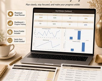 May include: A laptop displaying a Goal Mastery Dashboard with charts and data tables, accompanied by printed Annual Goals and Vision Board documents. The screen shows progress metrics, while the text 10-in-1 Goal Mastery System appears above.