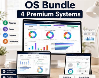 Business OS Bundle Excel – Finance Tracker, Goal Planner, Content Calendar + CRM Bonus | 4 Premium Systems + Freebies + PDF Guides