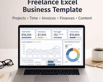 Freelance Excel Business Template | Project & Time Tracker, Invoice Tracker, Finance Dashboard + Content Planner | Editable Spreadsheet