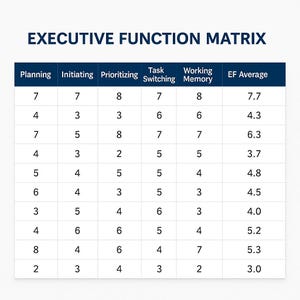 May include: A white background with a blue-text title "EXECUTIVE FUNCTION MATRIX". A table displays numerical data across columns labeled Planning, Initiating, Prioritizing, Task Switching, Working Memory, and EF Average.