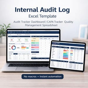 Może przedstawiać: Laptop i tablet wyświetlające szablon Excel "Internal Audit Log". Ekrany pokazują wizualizacje danych i tabele do śledzenia audytów, śledzenia CAPA i zarządzania jakością. Widoczny jest tekst "No macros • Instant automation".
