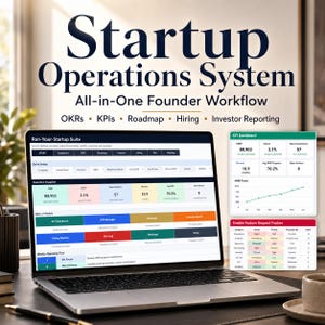 May include: A laptop screen showing a "Startup Operations System" interface with data visualizations and charts. The interface includes KPIs, OKRs, and other business metrics. The text on the screen includes "All-in-One Founder Workflow."