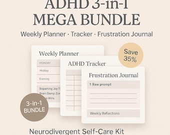 ADHD 3-in-1 MEGA-Bundle | Weekly Planner, Tracker & Frustration Journal | Neurodivergent Self-Care Kit | PDF + Editable Files