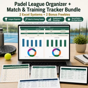 May include: A digital Padel League Organizer and Match and Training Tracker bundle displayed on a laptop screen and printed sheets. The interface features green and white data tables, bar charts, and pie graphs for tracking team stats and match results.