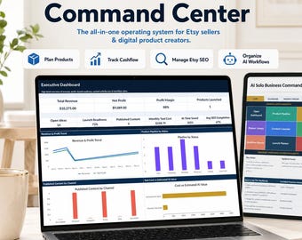 Centre de contrôle IA pour entreprises individuelles (Excel) | Planificateur pour vendeurs Etsy, bibliothèque de suggestions IA, calendrier de contenu, tableau de bord de trésorerie + Bonus gratuit