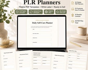 Wellness & Self-Care PLR Bundle | 10 Fillable PDF Planners, Mood Tracker, Sleep, Gratitude, Stress Relief, White Label