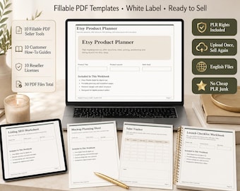 Digital Product Seller Toolkit PLR Bundle | 10 Fillable PDF Templates for Etsy Planning, SEO, Mockups, Sales & Launch
