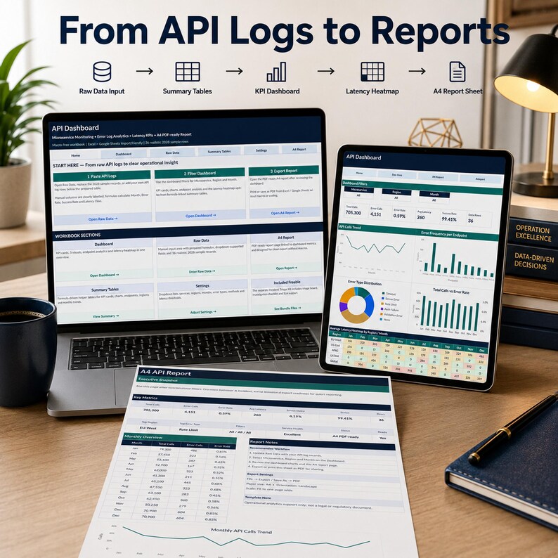 Pode incluir: Um port&aacute;til e um tablet exibem um painel de API com an&aacute;lise de dados, gr&aacute;ficos e tabelas, ao lado de um relat&oacute;rio de API A4 impresso. O texto diz From API Logs to Reports, com &iacute;cones para dados brutos, tabelas de resumo e pain&eacute;is de KPI.