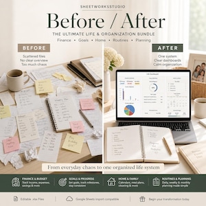 May include: A before-and-after image showcasing a life organization bundle. The "Before" side displays scattered papers and notes, while the "After" side features a laptop with a dashboard and a notebook. Text includes "Before/After" and "The Ultimate Life & Organization Bundle."