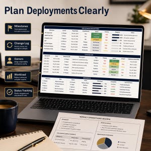 Pode incluir: Uma tela de laptop exibindo um painel de gerenciamento de projetos intitulado Plan Deployments Clearly, com tabelas de marcos, mudan&ccedil;as e recursos, ao lado de um documento impresso Weekly Operations Review em uma mesa.