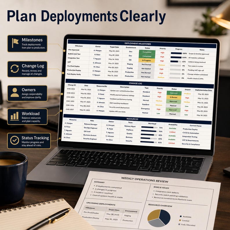 Pode incluir: Uma tela de laptop exibindo um painel de gerenciamento de projetos intitulado Plan Deployments Clearly, com tabelas de marcos, mudan&ccedil;as e recursos, ao lado de um documento impresso Weekly Operations Review em uma mesa.