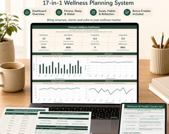 Wellness & Health Tracker Excel Template, Google Sheets Compatible | 17-in-1 Health Planner, Fitness, Sleep, Water, Mood, Nutrition